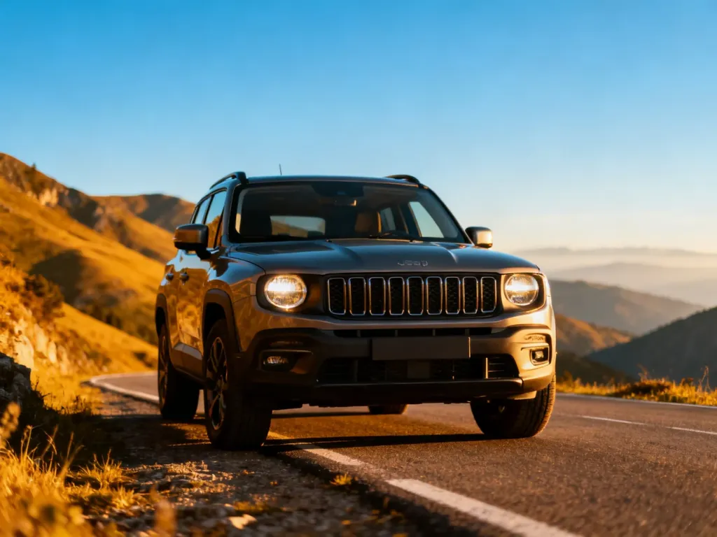 Nowoczesny Jeep Renegade zaparkowany na malowniczej górskiej drodze w świetle zachodzącego słońca.