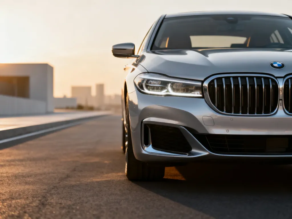 Srebrne BMW serii 3 GT zaparkowane na nowoczesnej ulicy w blasku zachodzącego słońca, podkreślające elegancję modelu.