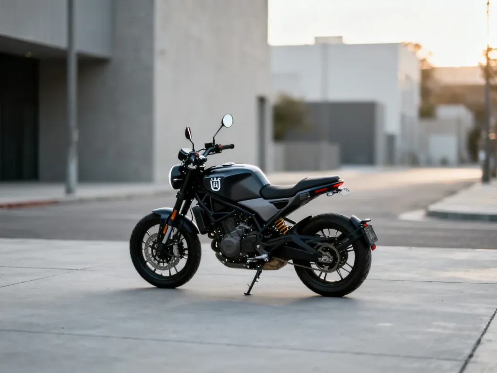 Nowoczesny motocykl Husqvarna Svartpilen 125 zaparkowany na betonowym podłożu w miejskiej scenerii.