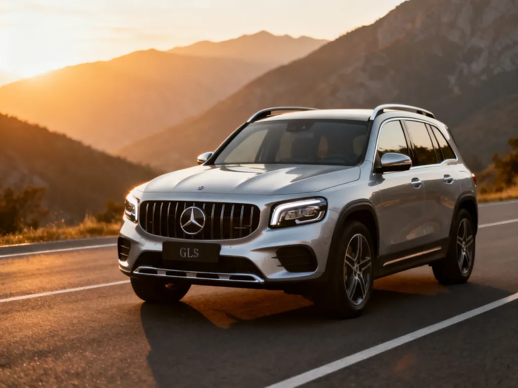 Srebrny Mercedes GLB zaparkowany na tle górskiego krajobrazu w świetle zachodzącego słońca.