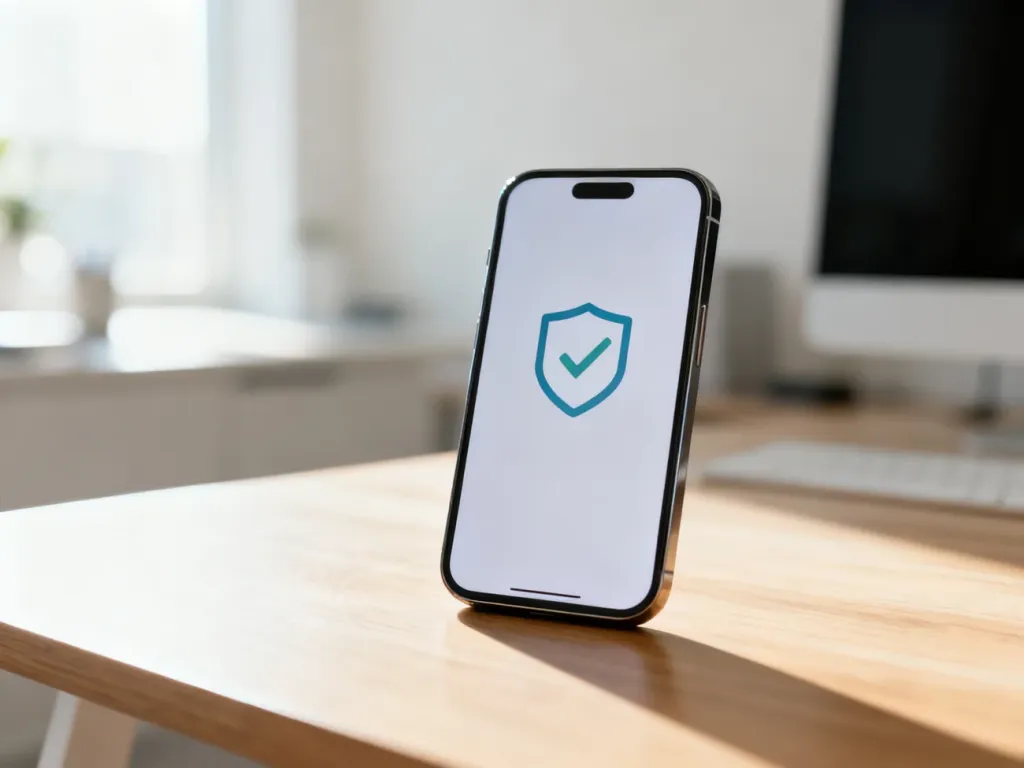 Smartfon z ikoną tarczy i znakiem potwierdzenia na ekranie, symbolizujący bezpieczne płatności automatyczne.