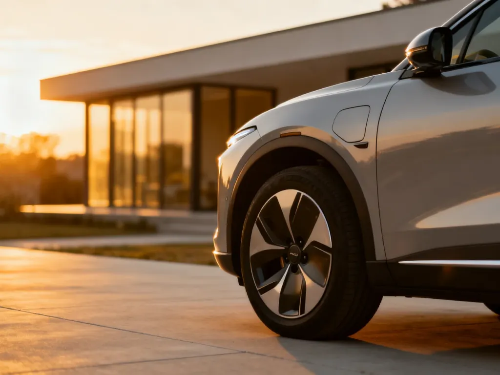Nowoczesny elektryczny SUV BMW iX3 zaparkowany na podjeździe w świetle zachodzącego słońca.