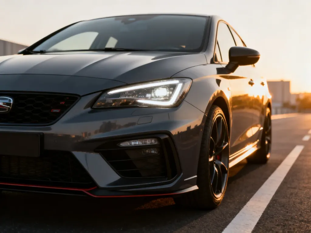 Sportowa Toyota Corolla GR zaparkowana na nowoczesnej drodze w świetle zachodzącego słońca.