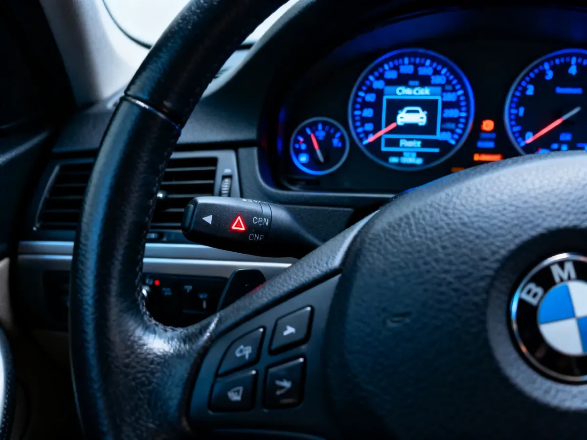 Wnętrze BMW z włączonym zapłonem, manetką kierunkowskazów i podświetlonym zestawem wskaźników