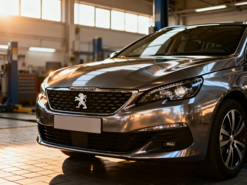 Nowoczesny Peugeot 308 SW zaparkowany w profesjonalnym serwisie samochodowym.