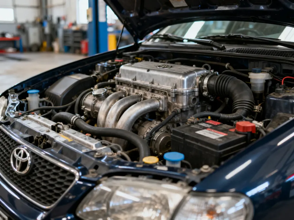 Otwarta komora silnika Toyoty Corolli E12 z widocznymi podzespołami mechanicznymi w profesjonalnym warsztacie.