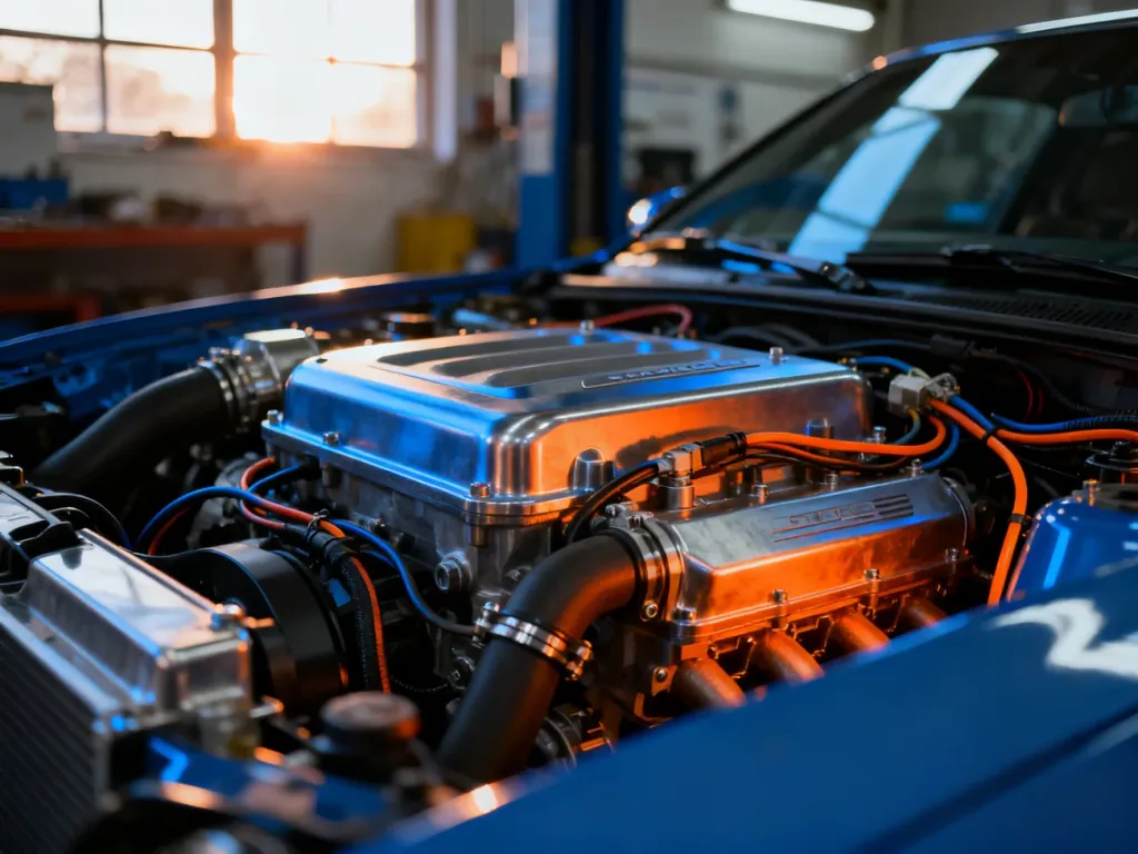 Zbliżenie na komorę silnika Audi A6 C6 z widocznymi podzespołami mechanicznymi w profesjonalnym warsztacie.