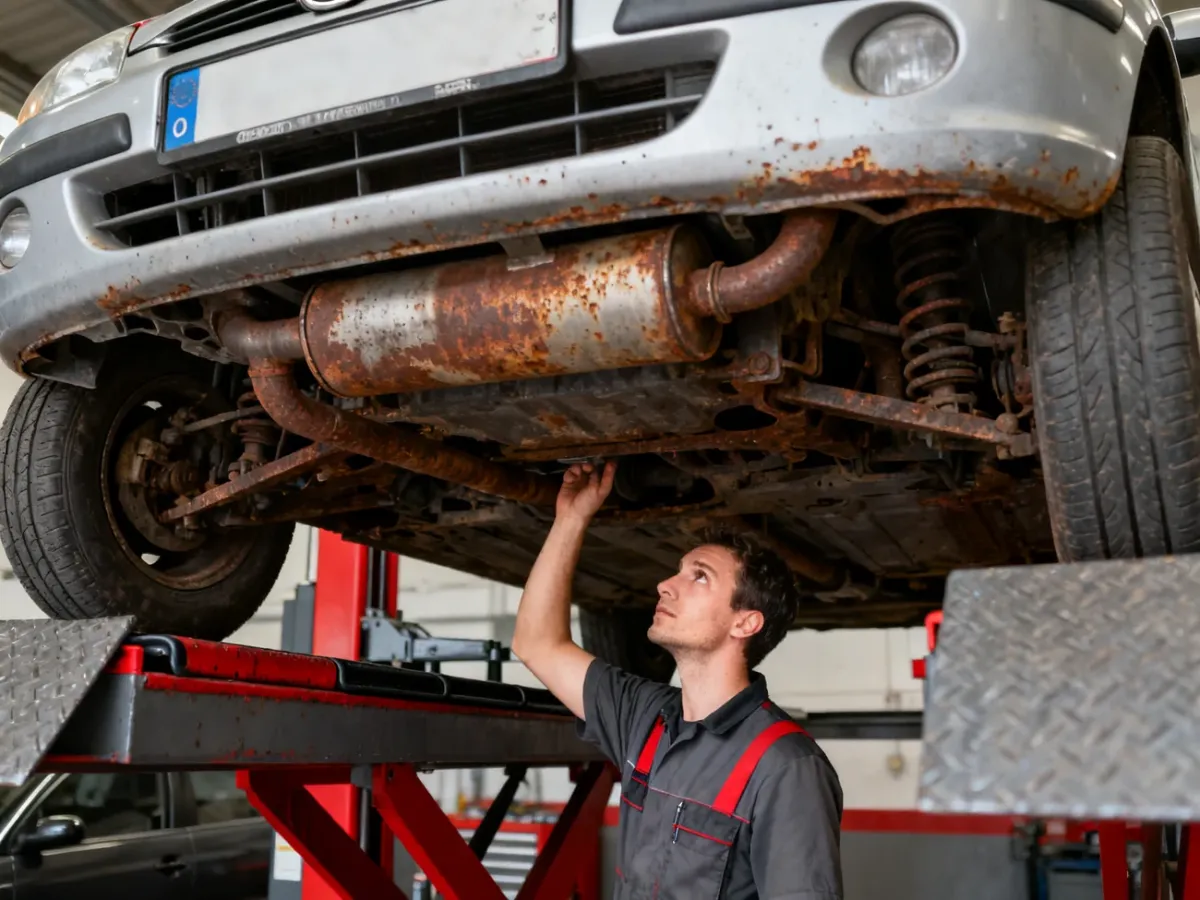 Opel Agila na podnośniku podczas kontroli podwozia i układu wydechowego