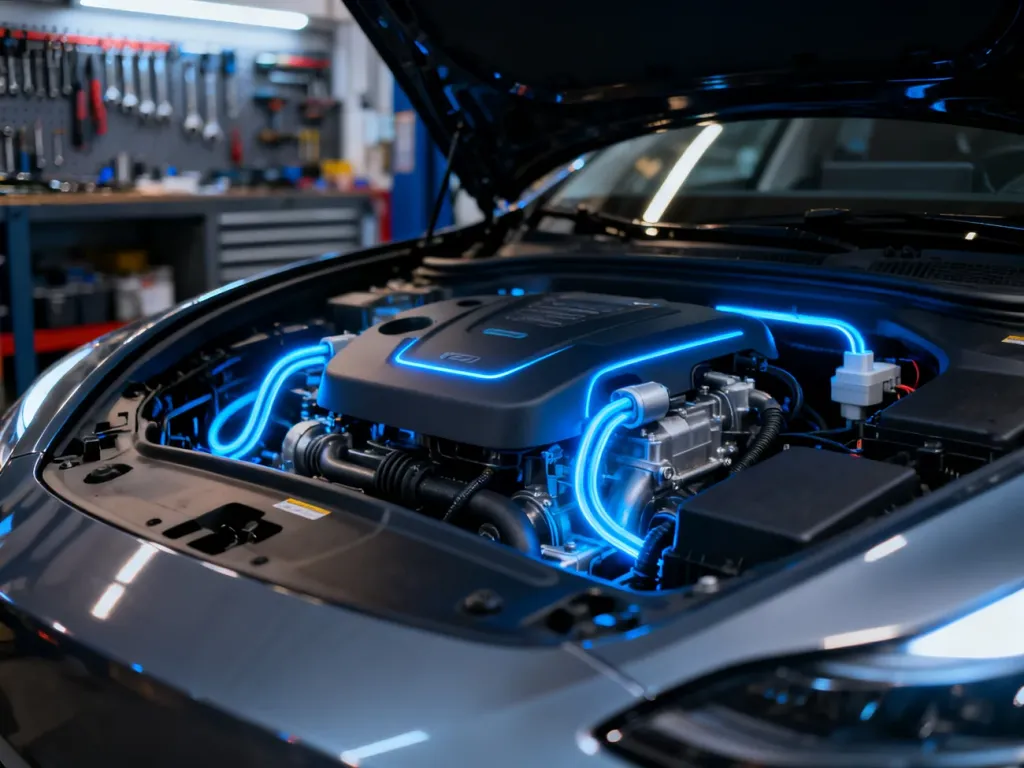 Komora silnika hybrydowego BMW z podświetlanymi kablami, symbolizująca nowoczesną technologię napędu elektrycznego.