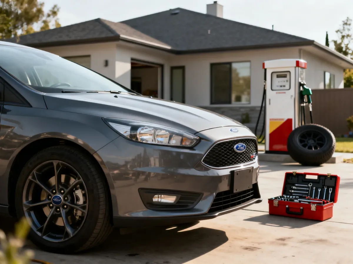 Zadbany Ford Focus przed domem z akcesoriami sugerującymi koszty eksploatacji