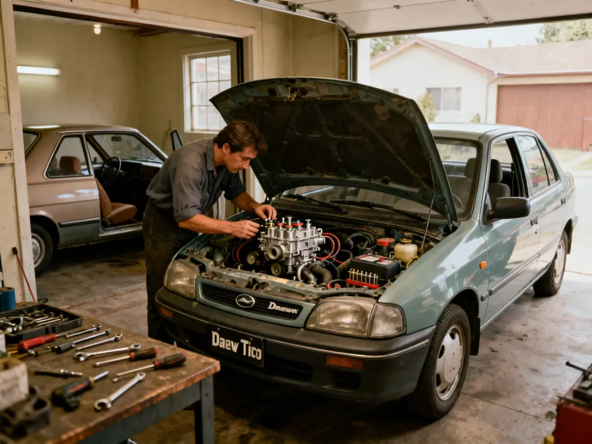 Daewoo Tico z otwartą maską podczas diagnostyki silnika w garażu