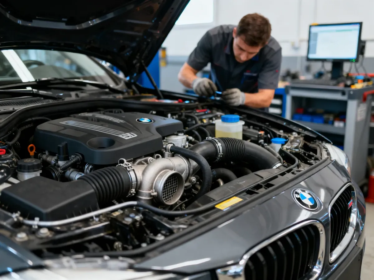 Mechanik sprawdzający silnik BMW serii 3 w warsztacie