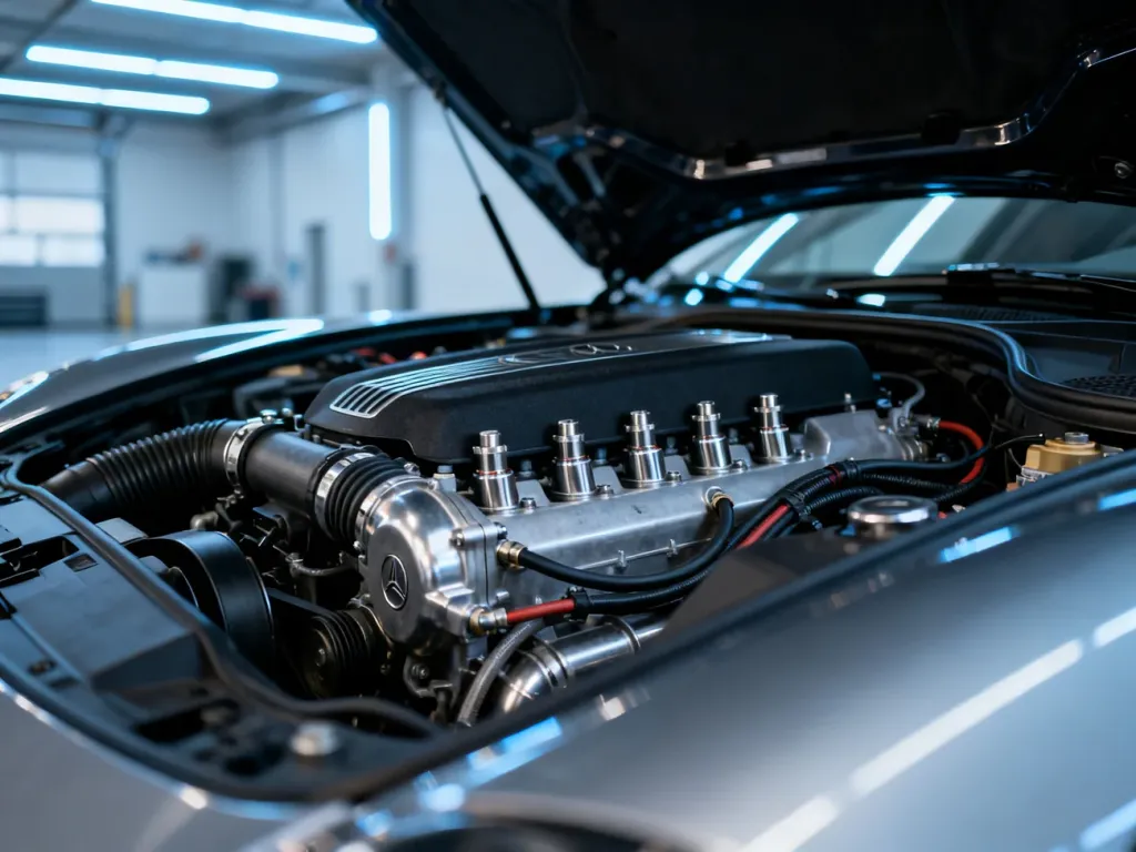 Zbliżenie na silnik Porsche Panamera z widocznymi detalami mechanicznymi pod otwartą maską w nowoczesnym garażu.