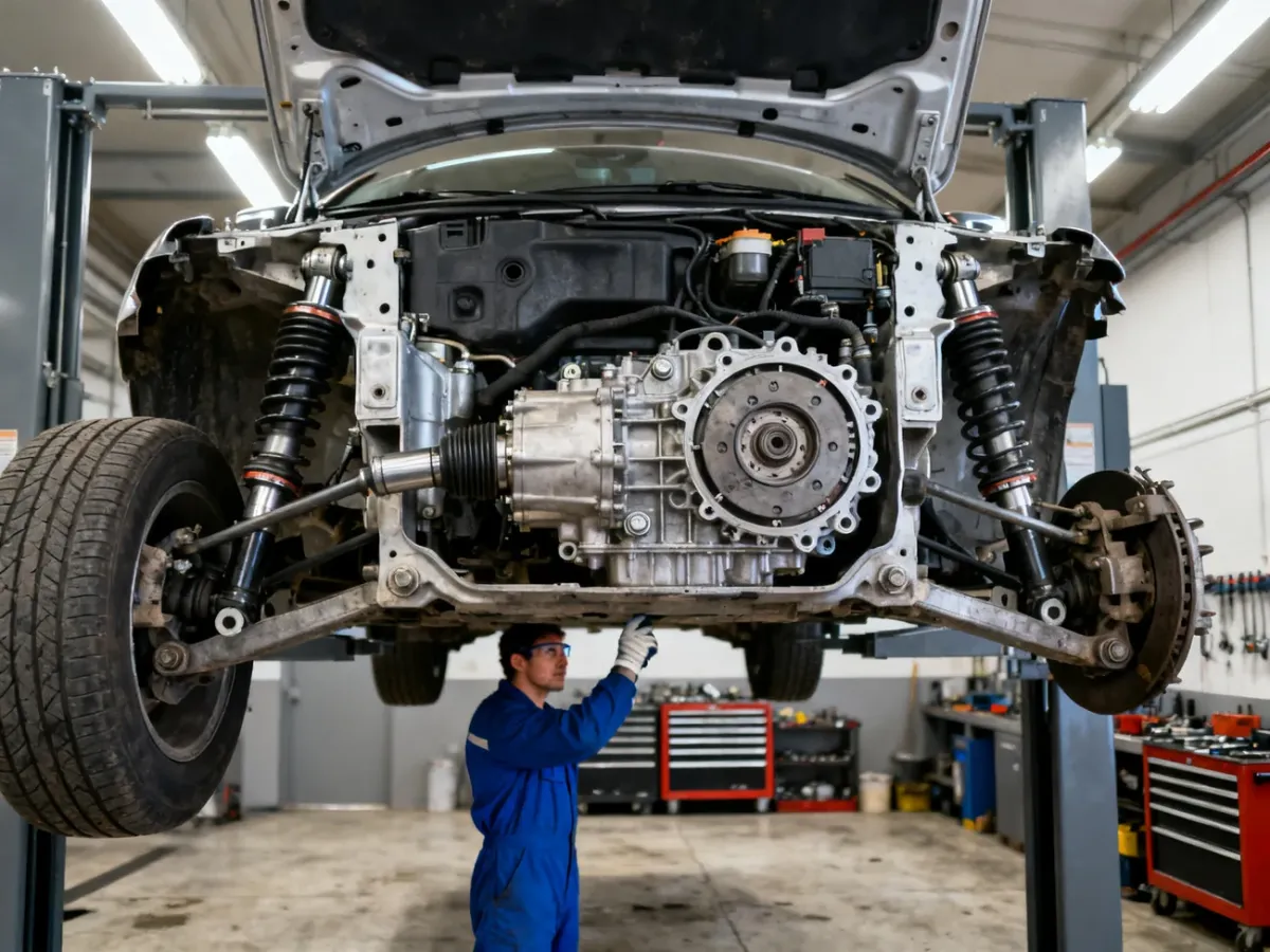 Mechanik sprawdzający układ napędowy i elementy AWD Volvo XC60 na podnośniku