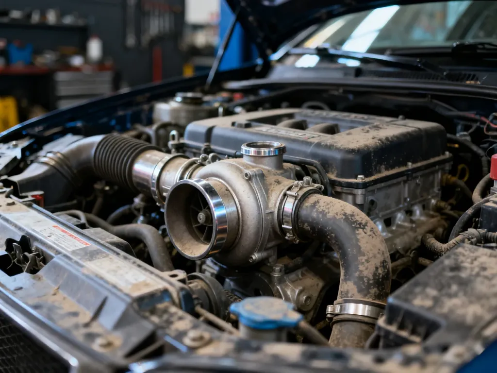 Zbliżenie na turbosprężarkę i kolektor dolotowy silnika 1.4 Turbo w profesjonalnym warsztacie samochodowym.