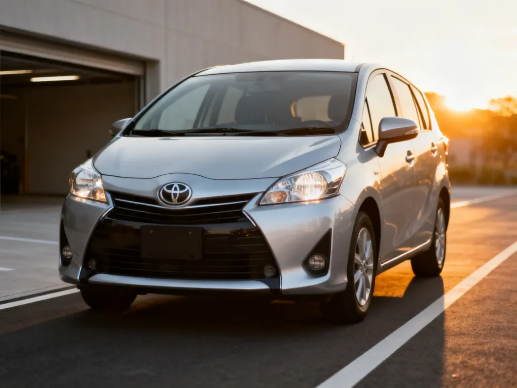 Srebrna Toyota Verso S zaparkowana na nowoczesnym podjeździe w świetle zachodzącego słońca.