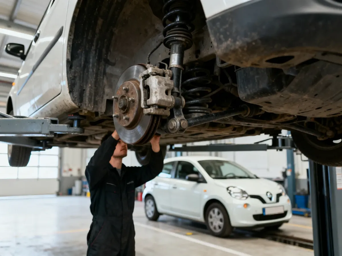 Mechanik sprawdzający zawieszenie małego samochodu miejskiego na podnośniku