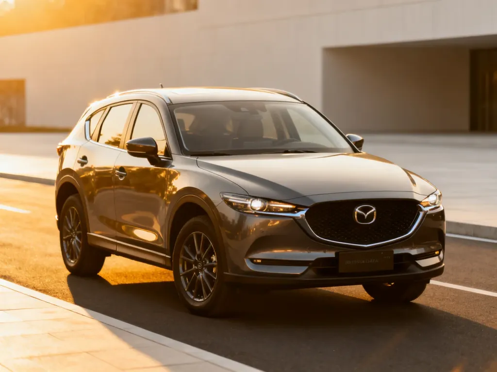Mazda CX-5 zaparkowana na nowoczesnej drodze w świetle zachodzącego słońca. Prezentacja sylwetki modelu SUV.