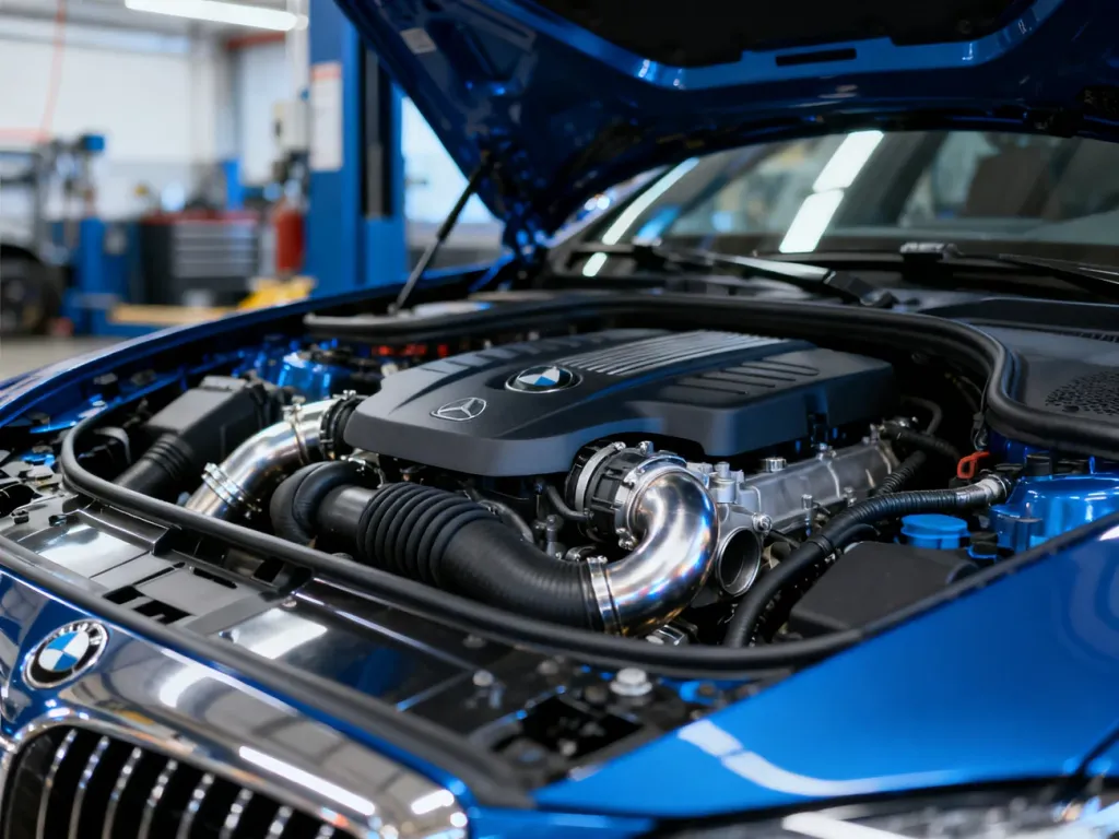 Komora silnika nowoczesnego BMW serii 5 z widocznymi detalami mechanicznymi w profesjonalnym warsztacie.