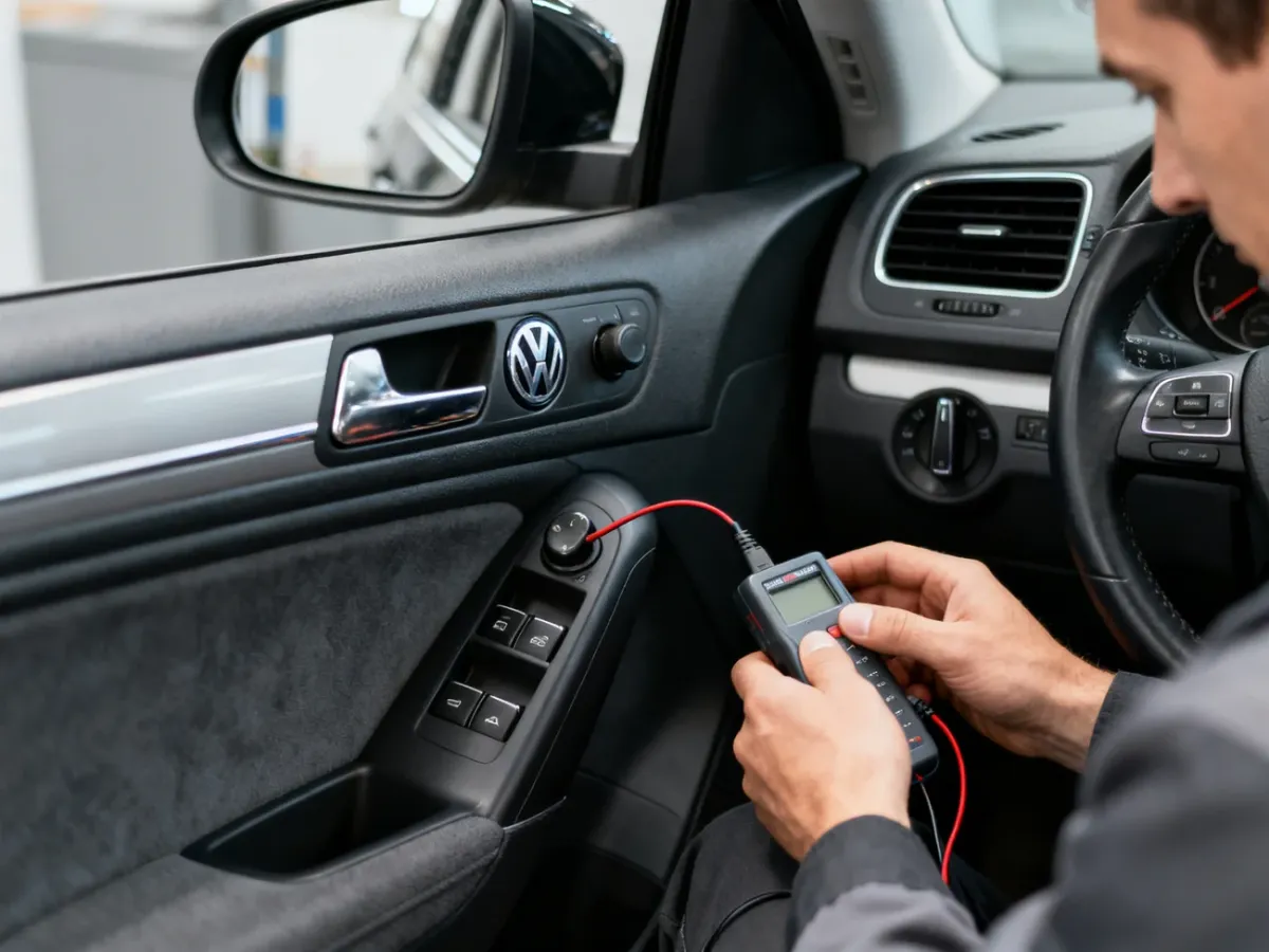 Mechanik sprawdzający elektryczne wyposażenie Volkswagena Golfa 5