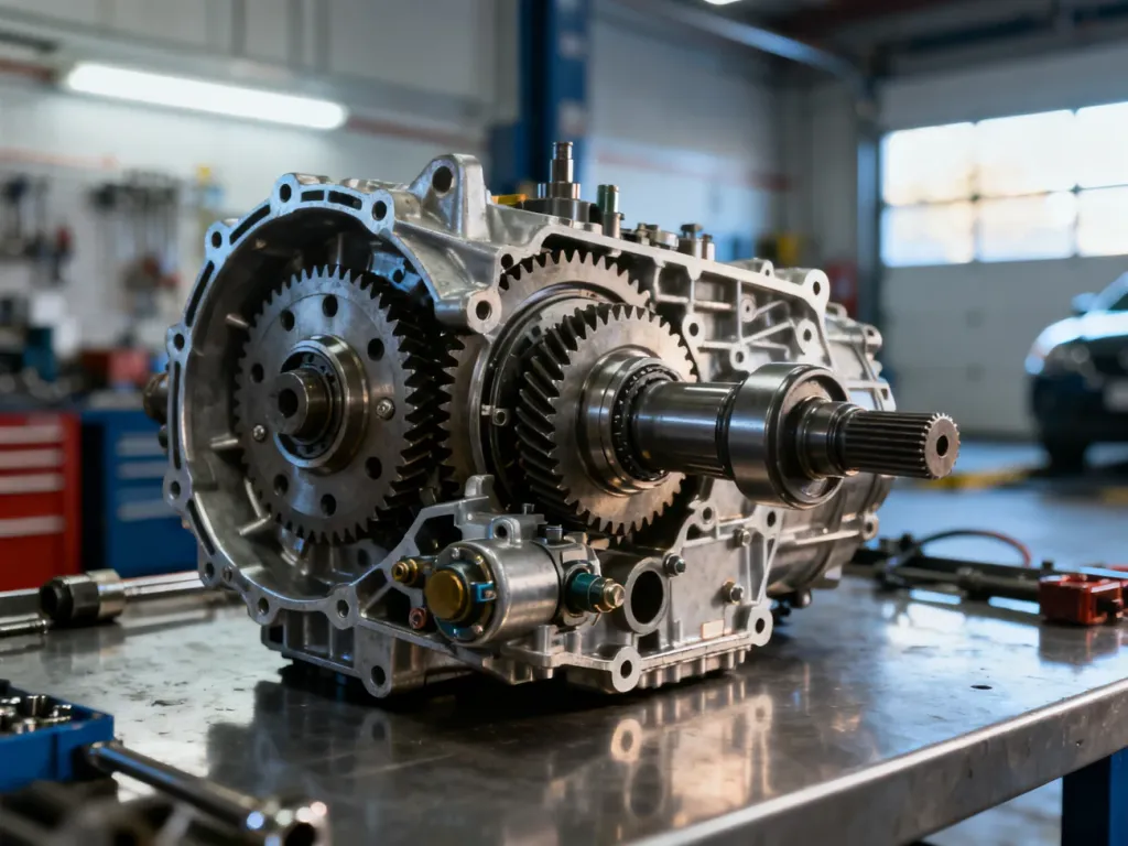 Wnętrze automatycznej skrzyni biegów DQ500 z widocznymi precyzyjnymi mechanizmami na stole warsztatowym.
