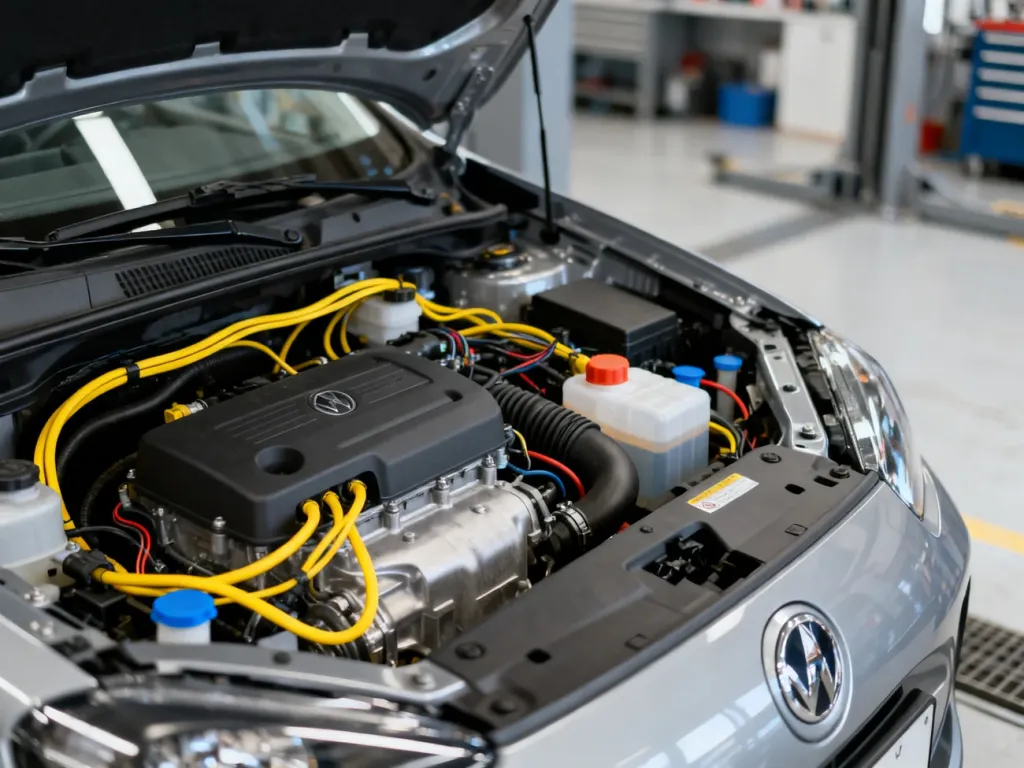 Otwarta maska samochodu Opel Adam ukazująca szczegóły techniczne silnika w profesjonalnym warsztacie.