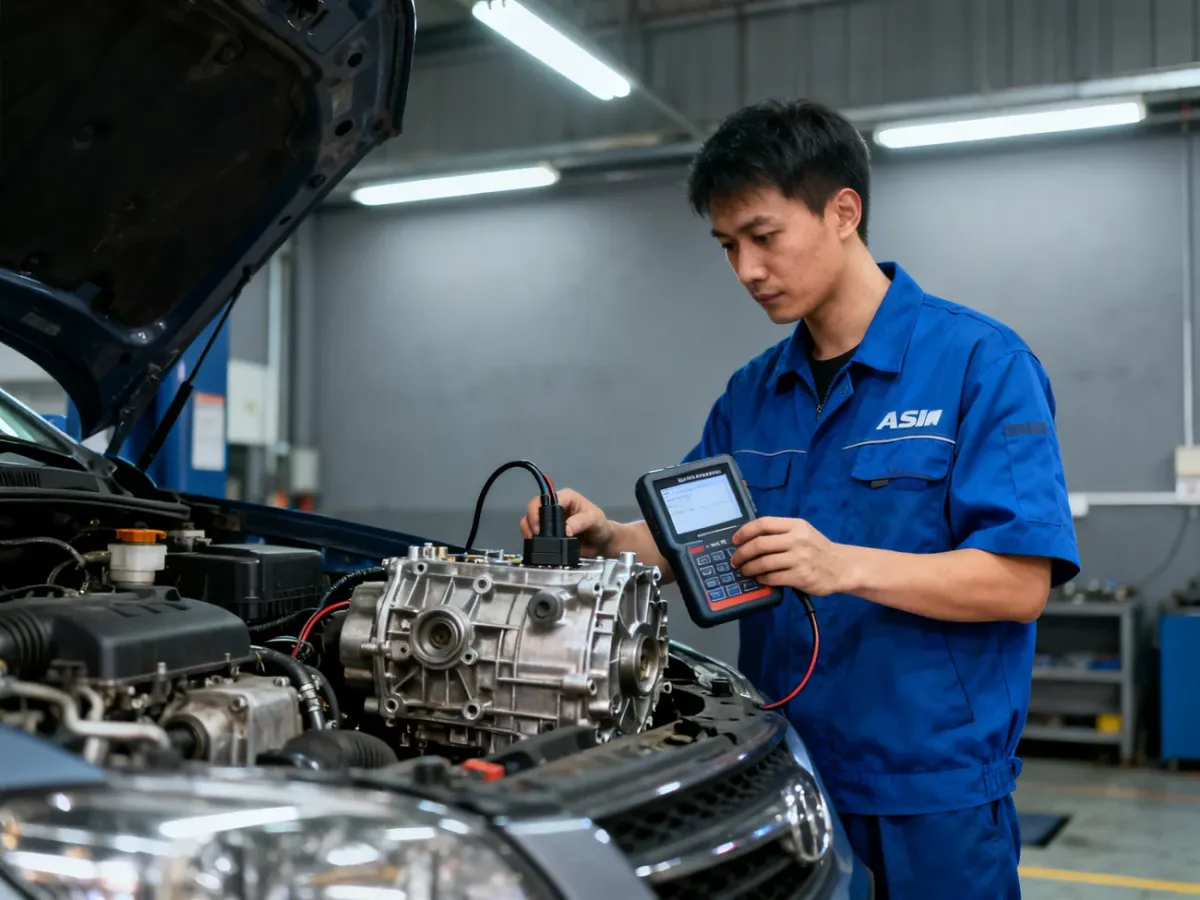 Mechanik diagnozujący automatyczną skrzynię biegów za pomocą testera diagnostycznego
