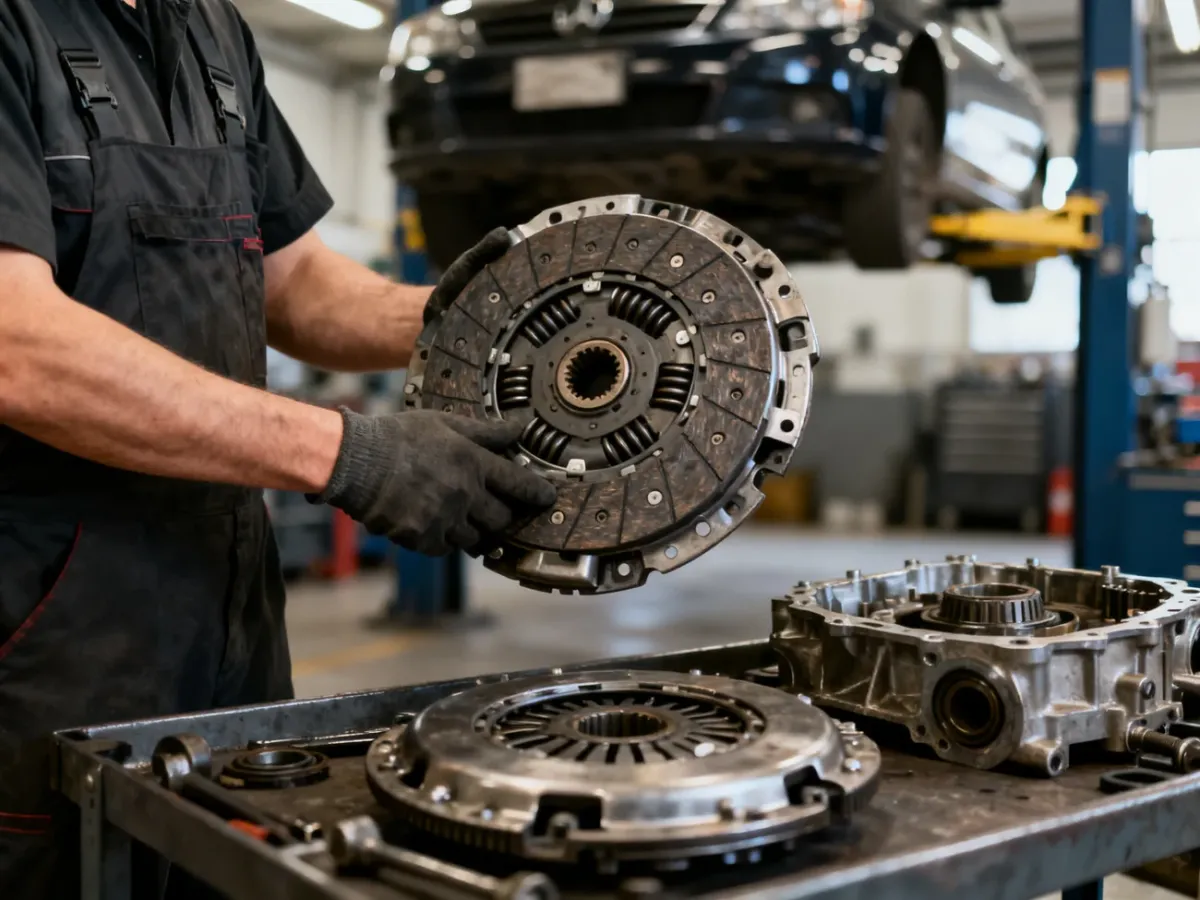Mechanik sprawdzający sprzęgło i koło dwumasowe w warsztacie samochodowym