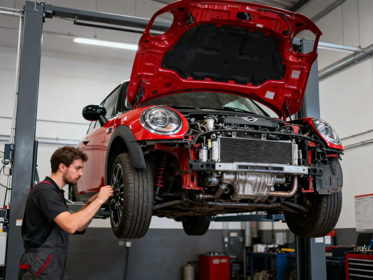 Mechanik sprawdza używanego Mini Coopera przed zakupem