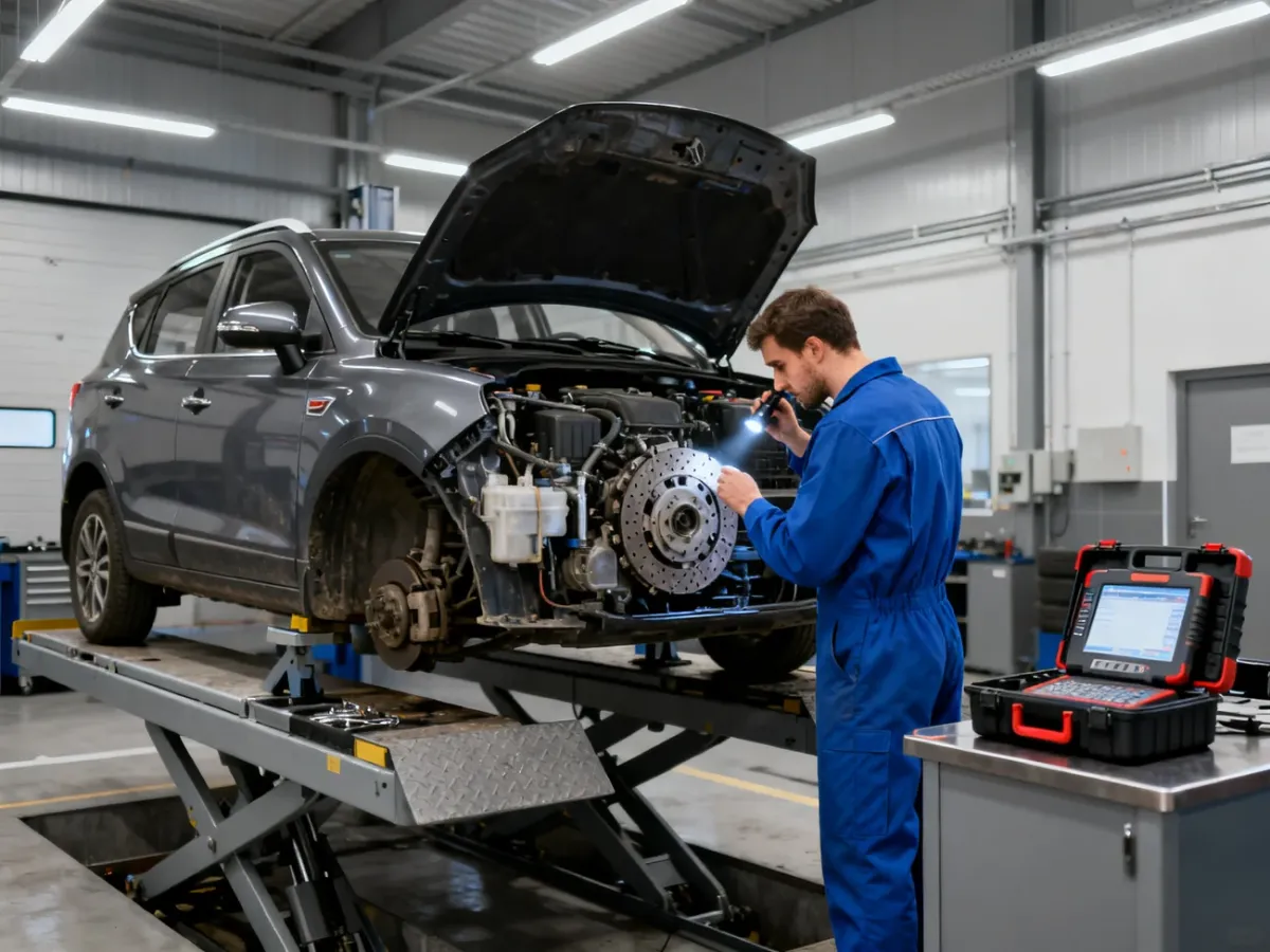 Mechanik sprawdzający używanego SsangYonga Tivoli w warsztacie