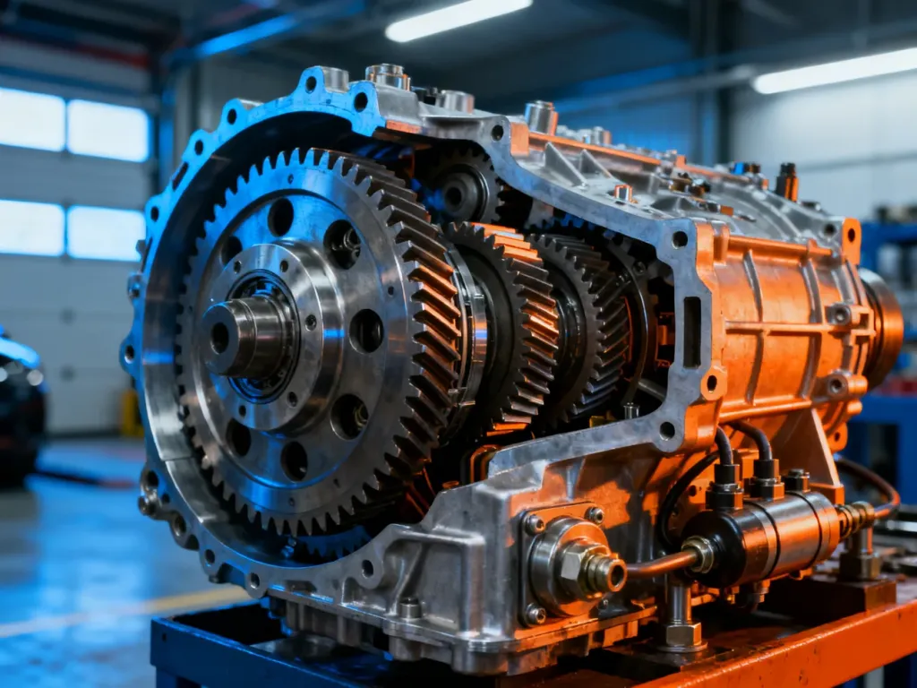 Wnętrze dwusprzęgłowej skrzyni biegów z widocznymi metalowymi kołami zębatymi i elementami hydraulicznymi w warsztacie.