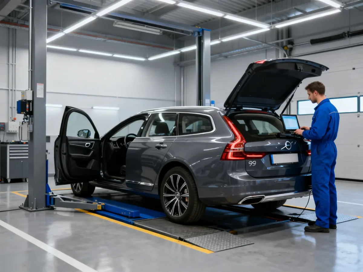 Mechanik sprawdzający używane Volvo V90 w warsztacie diagnostycznym