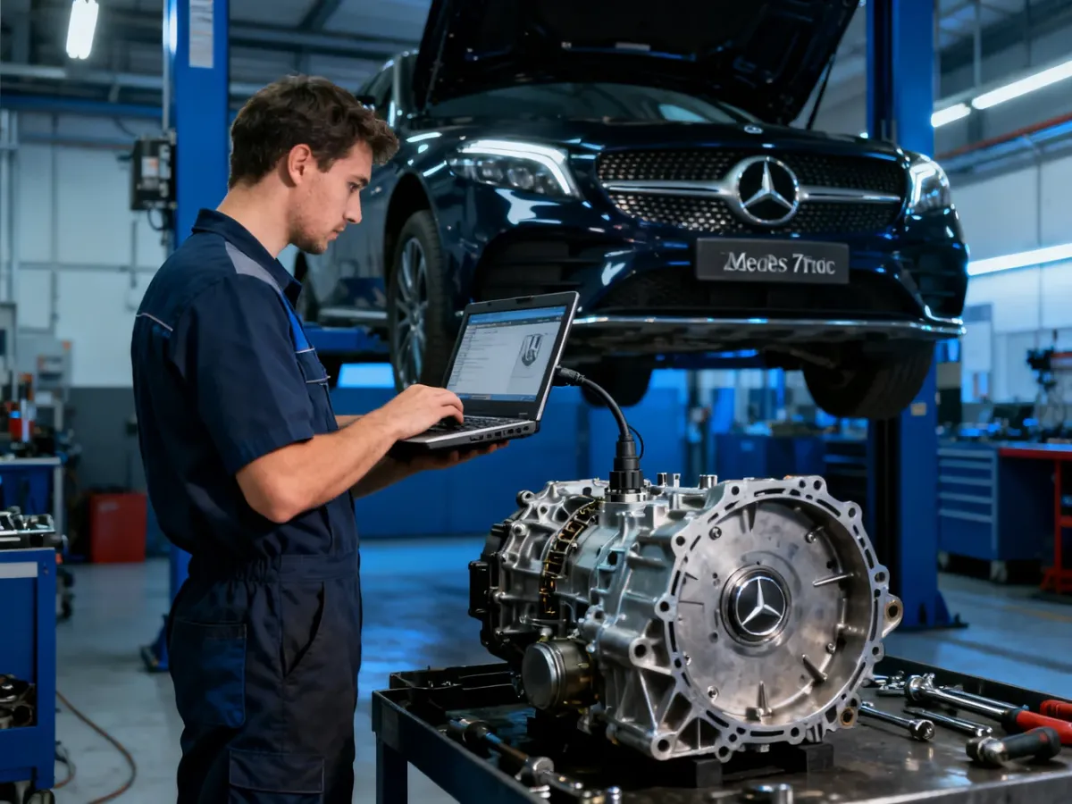 Mechanik diagnozujący skrzynię automatyczną 7G-Tronic za pomocą testera komputerowego