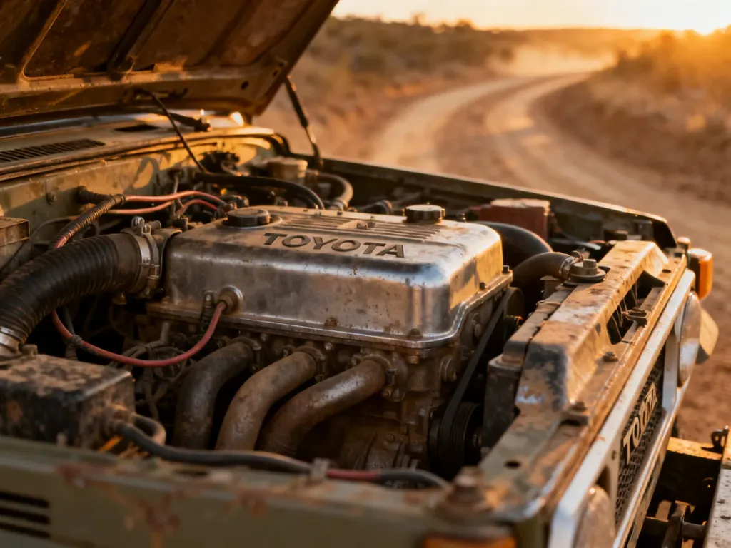 Zadbana komora silnika Toyoty Land Cruiser z widocznymi podzespołami na tle off-roadowej trasy o zachodzie słońca.