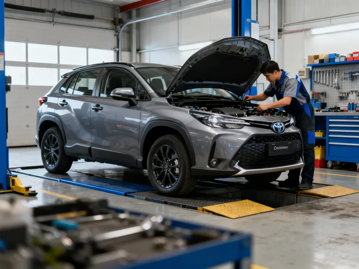 Toyota Corolla Cross hybrid podczas przeglądu w serwisie samochodowym