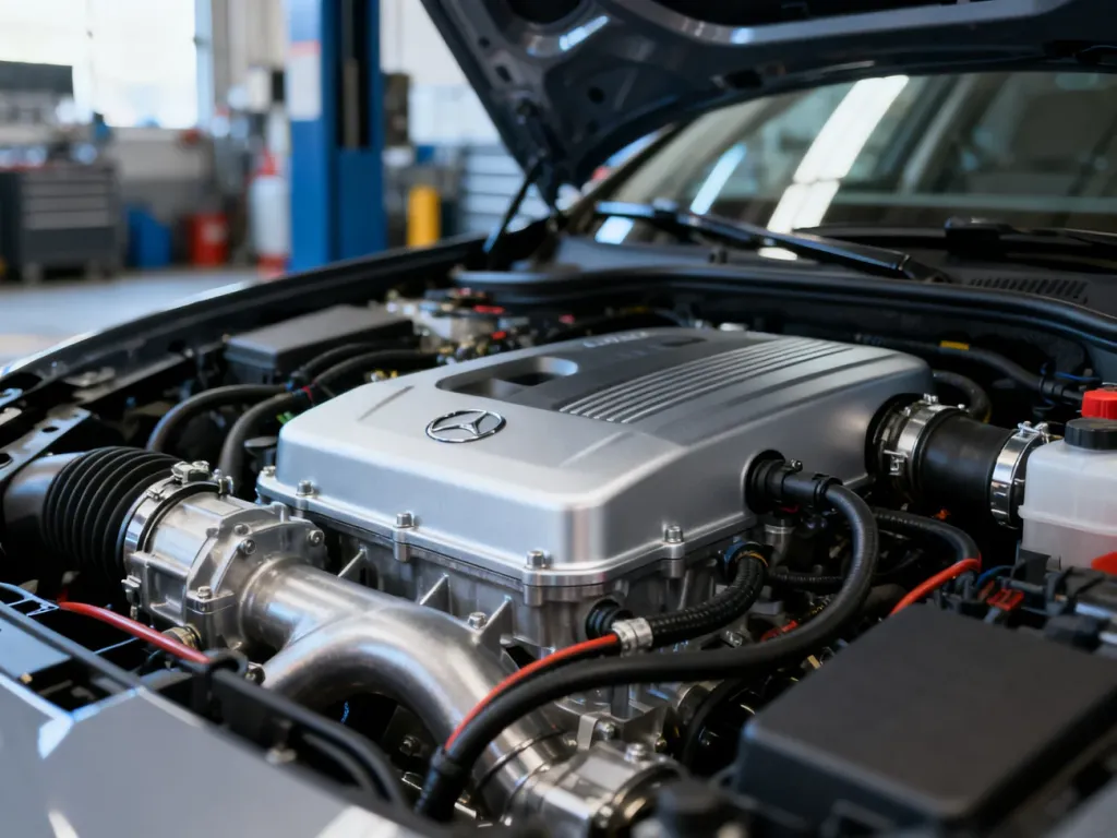 Zbliżenie na czysty i zadbany silnik BMW serii 3, ukazujące detale techniczne jednostki napędowej w profesjonalnym warsztacie.