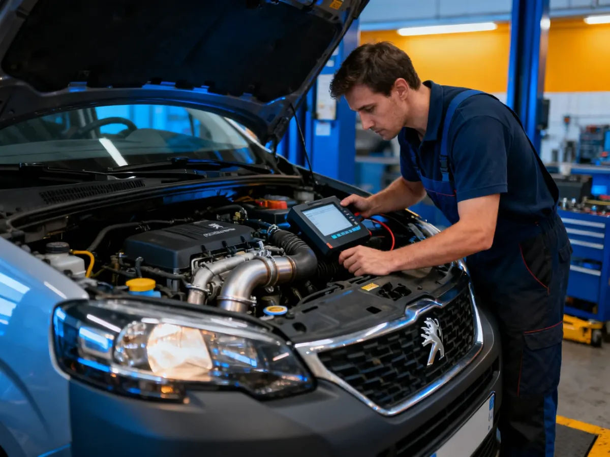 Używany Peugeot Rifter podczas diagnostyki silnika i układu oczyszczania spalin w warsztacie