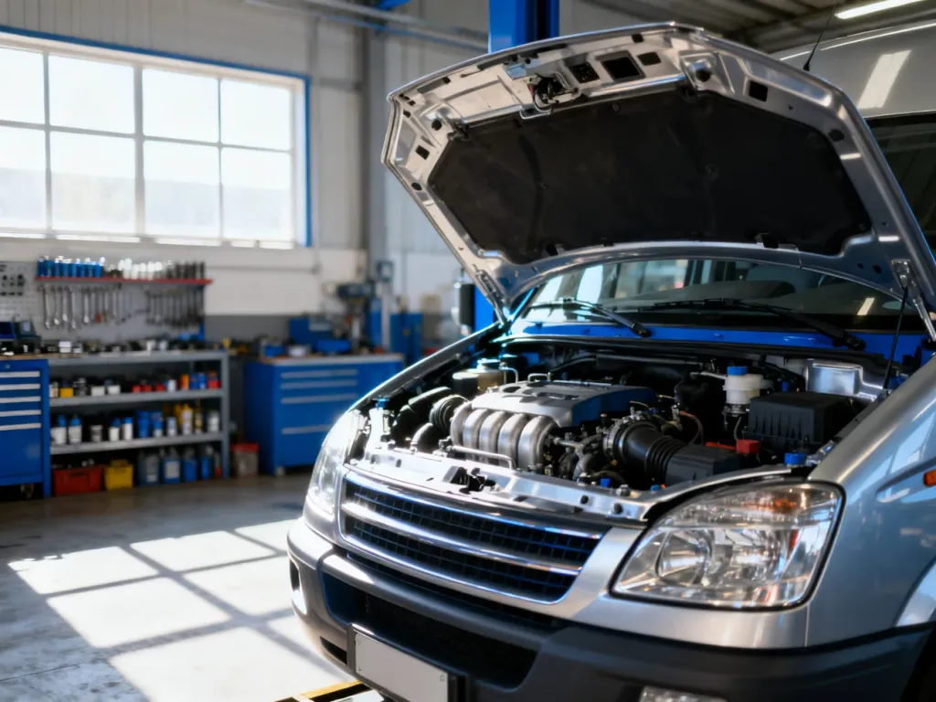 Otwarta maska silnika Opla Vivaro w profesjonalnym warsztacie samochodowym podczas przeglądu technicznego.