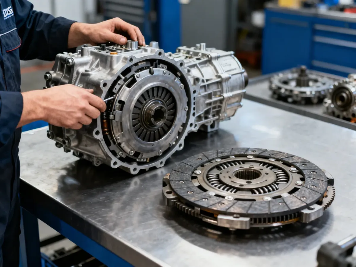 Mechanik sprawdzający skrzynię DSG i koło dwumasowe w warsztacie