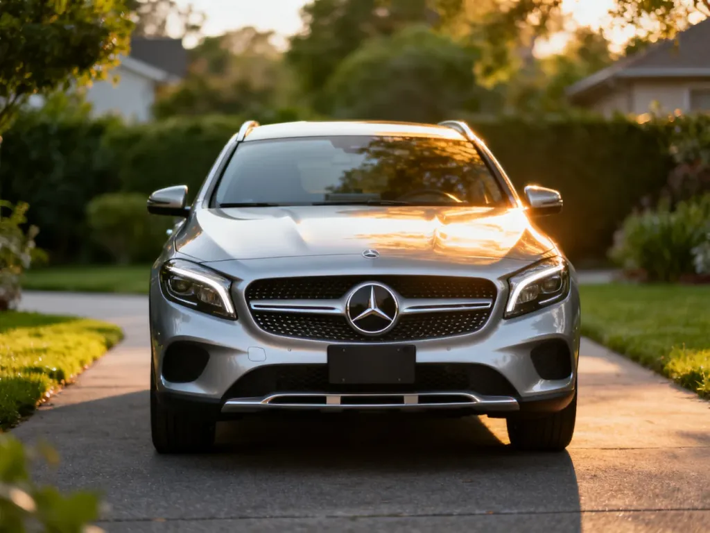 Srebrny Mercedes GLA zaparkowany na podjeździe w świetle poranka, prezentujący nowoczesny design i charakterystyczny grill.