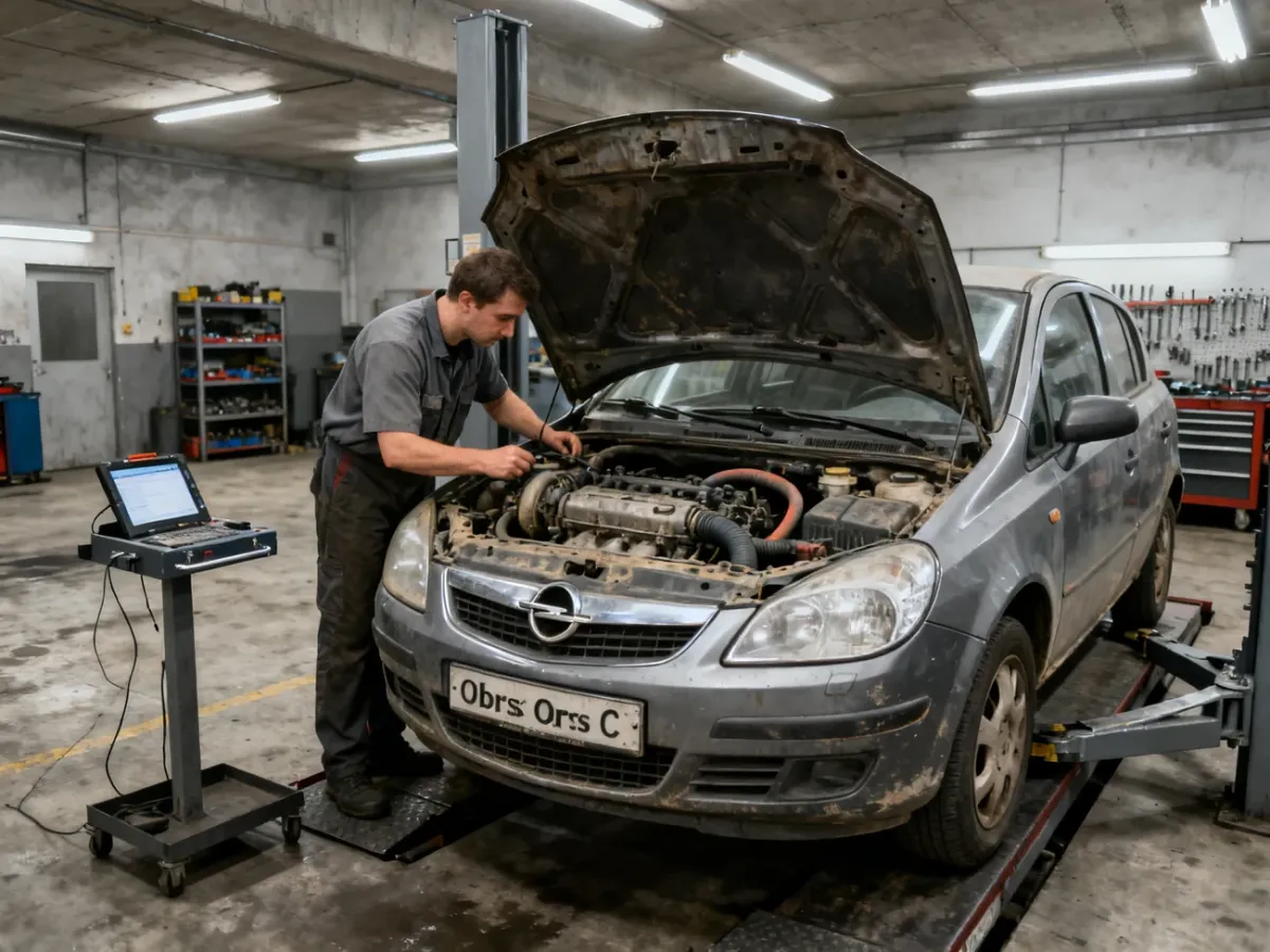 Mechanik sprawdzający Opla Corsę C na podnośniku