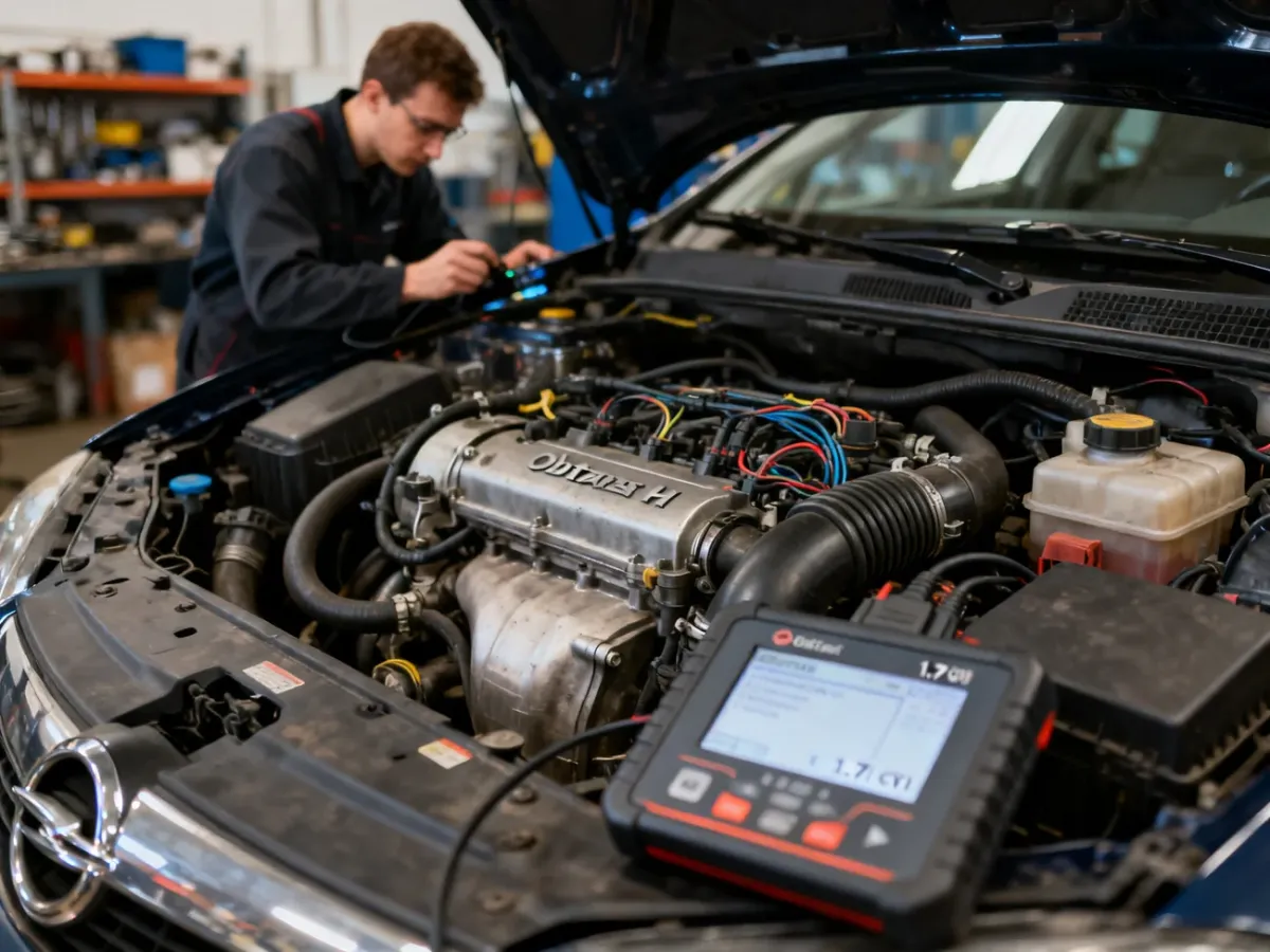 Mechanik diagnozujący silnik wysokoprężny Opel Astra H za pomocą testera diagnostycznego