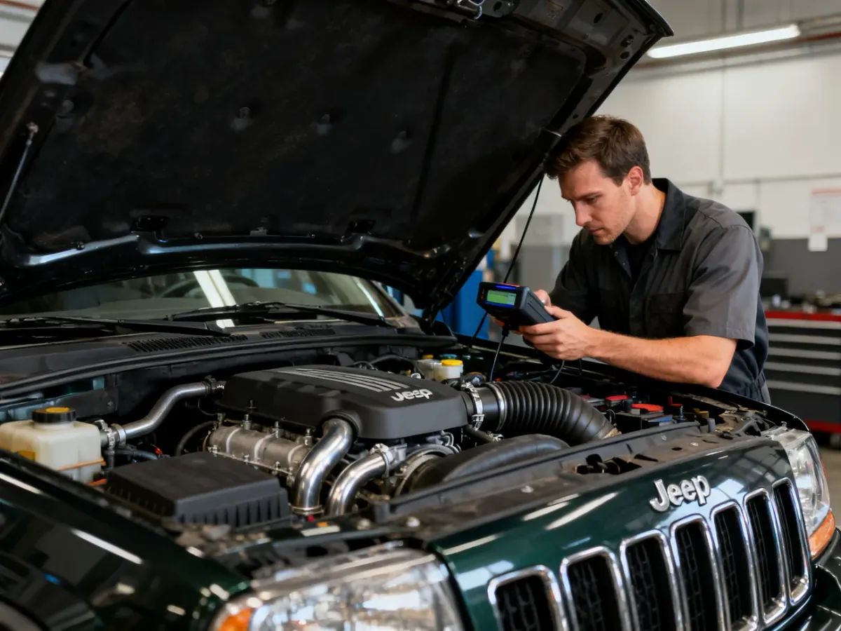 Mechanik diagnozujący silnik V6 Jeepa Cherokee w warsztacie