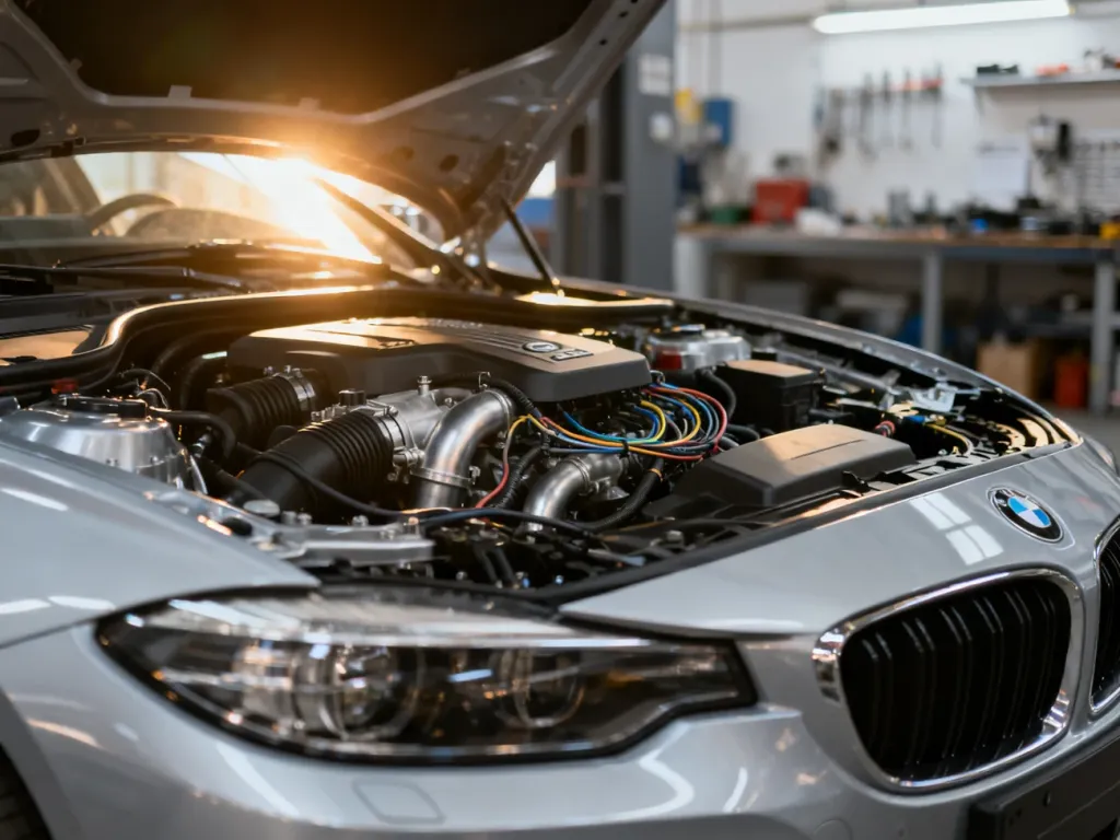 Komora silnika Toyoty Corolli E15 z widocznymi podzespołami mechanicznymi i instalacją elektryczną.