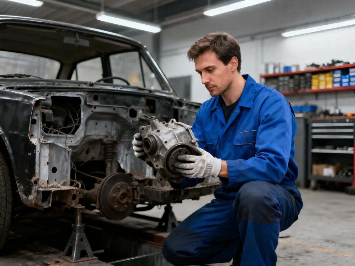 Mechanik sprawdza używaną część samochodową w warsztacie