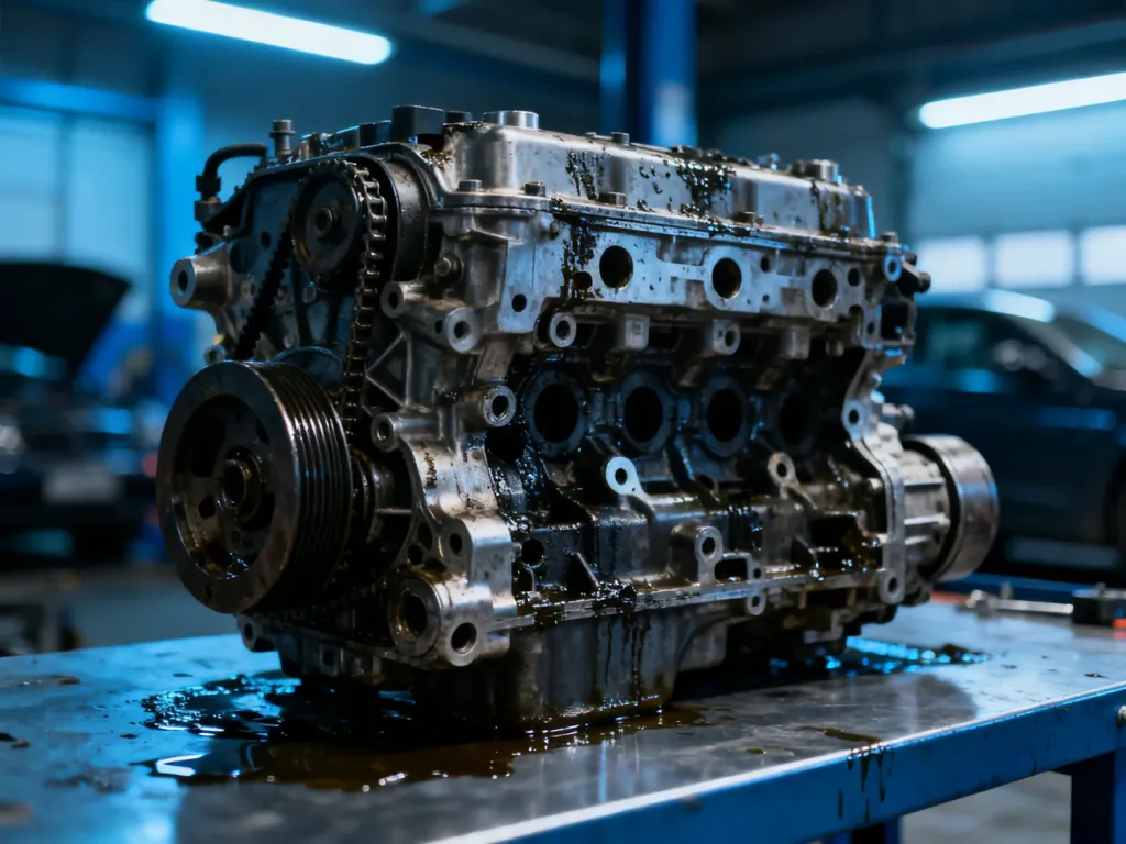 Zdemontowany, zaolejony podzespół silnika 1.9 TDI na warsztatowym stole, ukazujący szczegóły konstrukcji mechanicznej.