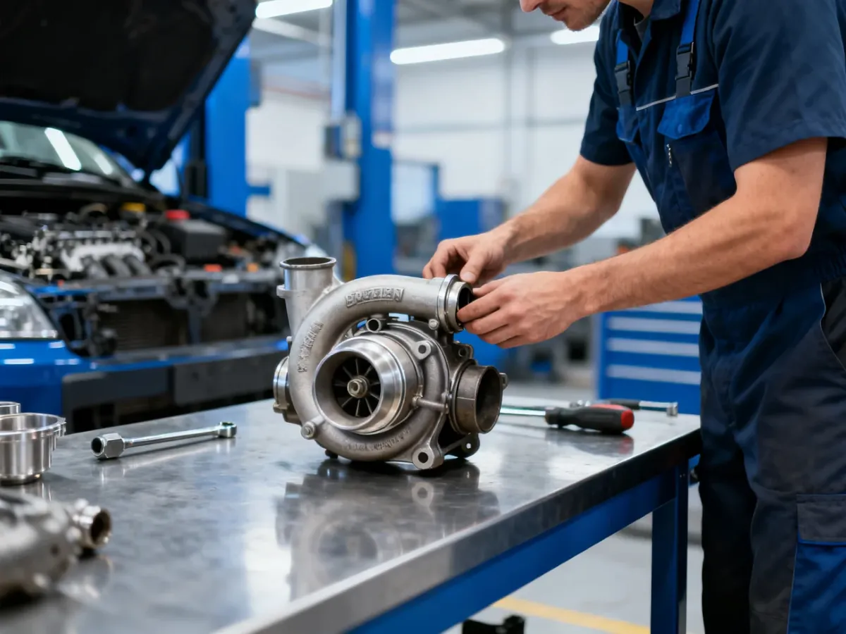 Mechanik sprawdza wymontowaną turbosprężarkę w warsztacie samochodowym