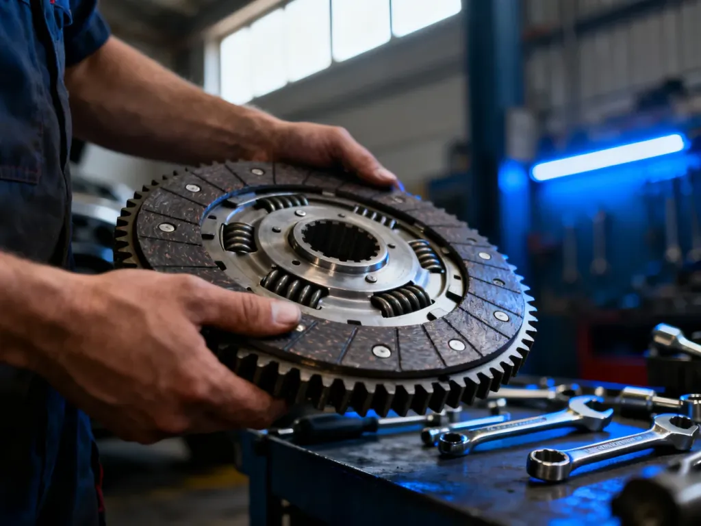 Mechanik trzymający w dłoniach tarczę sprzęgła, gotową do montażu w samochodzie.