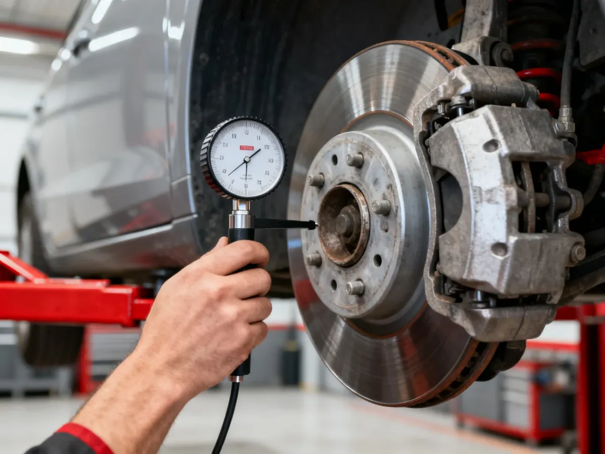 Mechanik mierzący bicie tarczy hamulcowej czujnikiem zegarowym