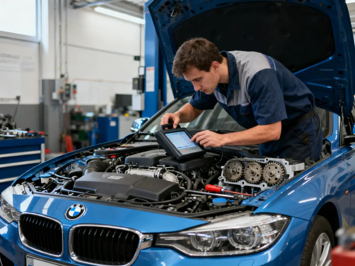 Mechanik sprawdzający silnik BMW F30 w warsztacie